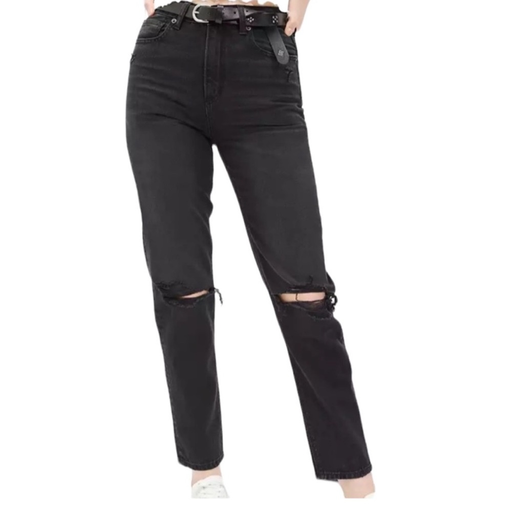 American Eagle Highest Rise Mom Jeans Blown Out Knees Washed Black 14
